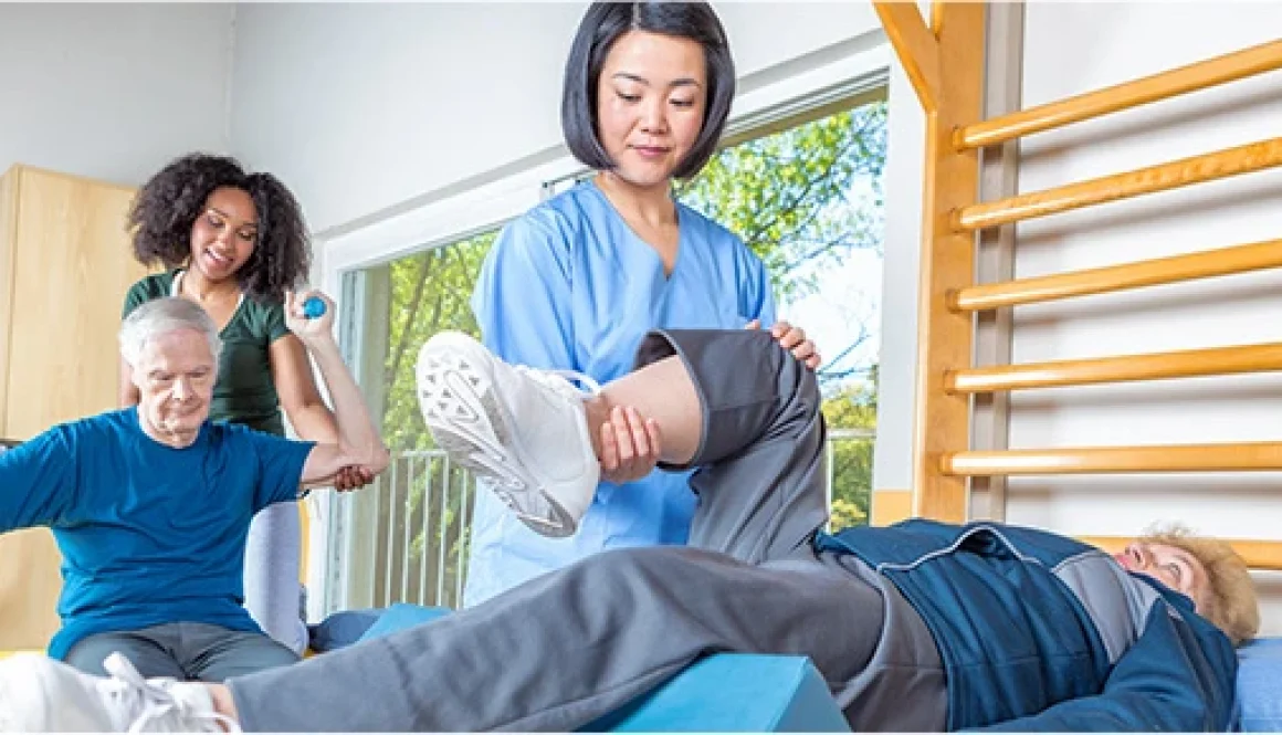 Image for a news release of an allied health professional helping someone stretch.